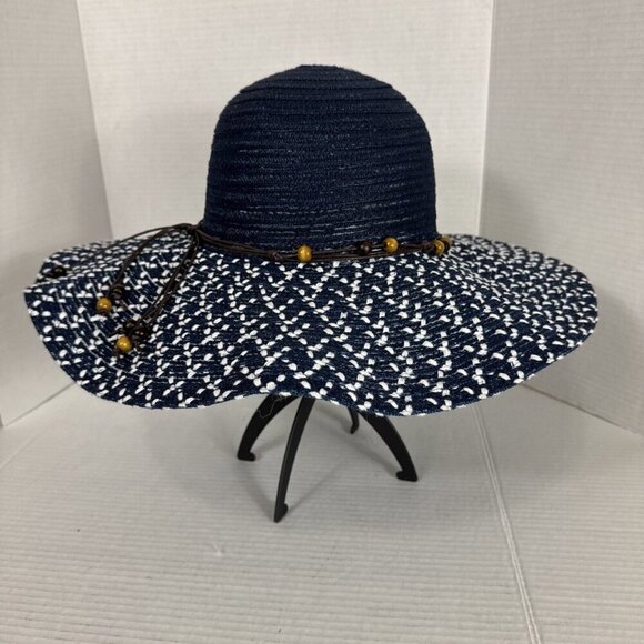 Fashion Hat Wide Brim Woven Sun Hat Beaded String Band Blue NWT 9039 - Picture 11 of 16